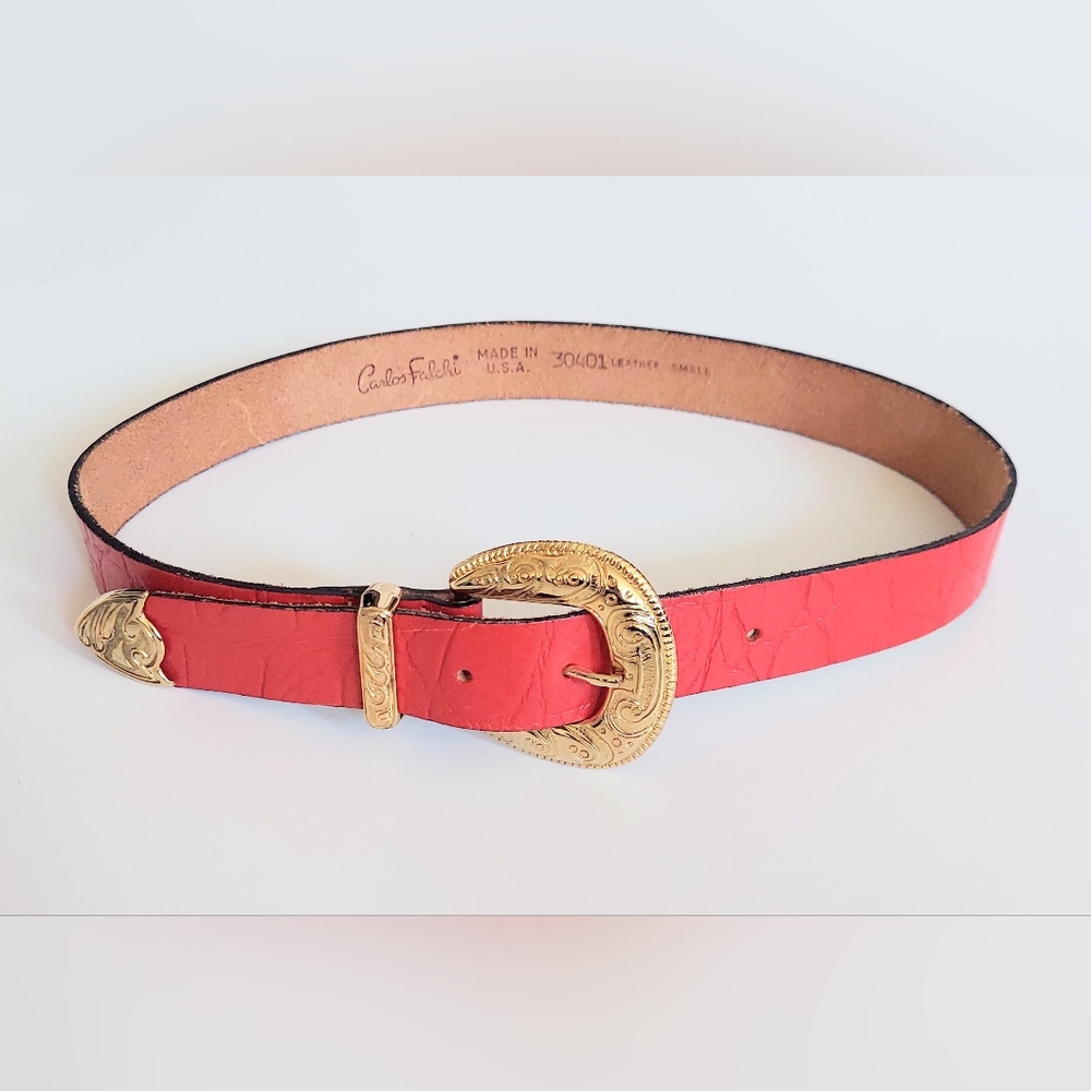 Carlos Falchi Size Small 32 in" Gold Buckle Orange Leather Belt Vintage